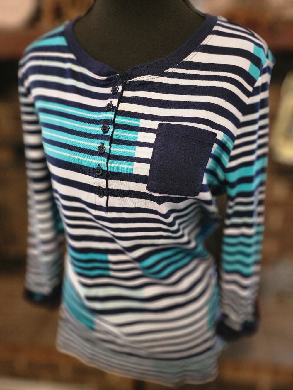 Kim Rogers Navy, White & Teal Striped Henley Top 3/4 Sleeve